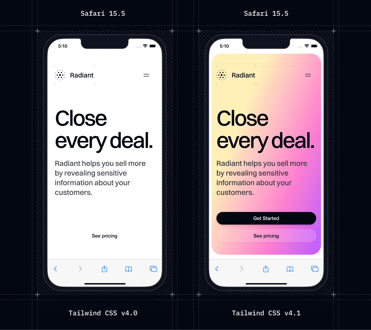 Comparison between how Tailwind CSS v4.0 (left) and Tailwind CSS v4.1 (right) render in Safari 15.5. Tailwind CSS v4.0 fails to render some background gradients that are now visible in Tailwind CSS v4.1